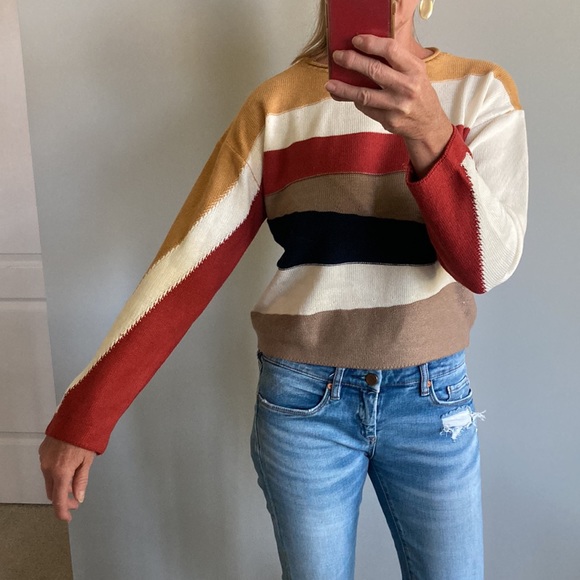 Cropped, Asymmetrical Stripe Long Sleeve Sweater - Picture 3 of 8